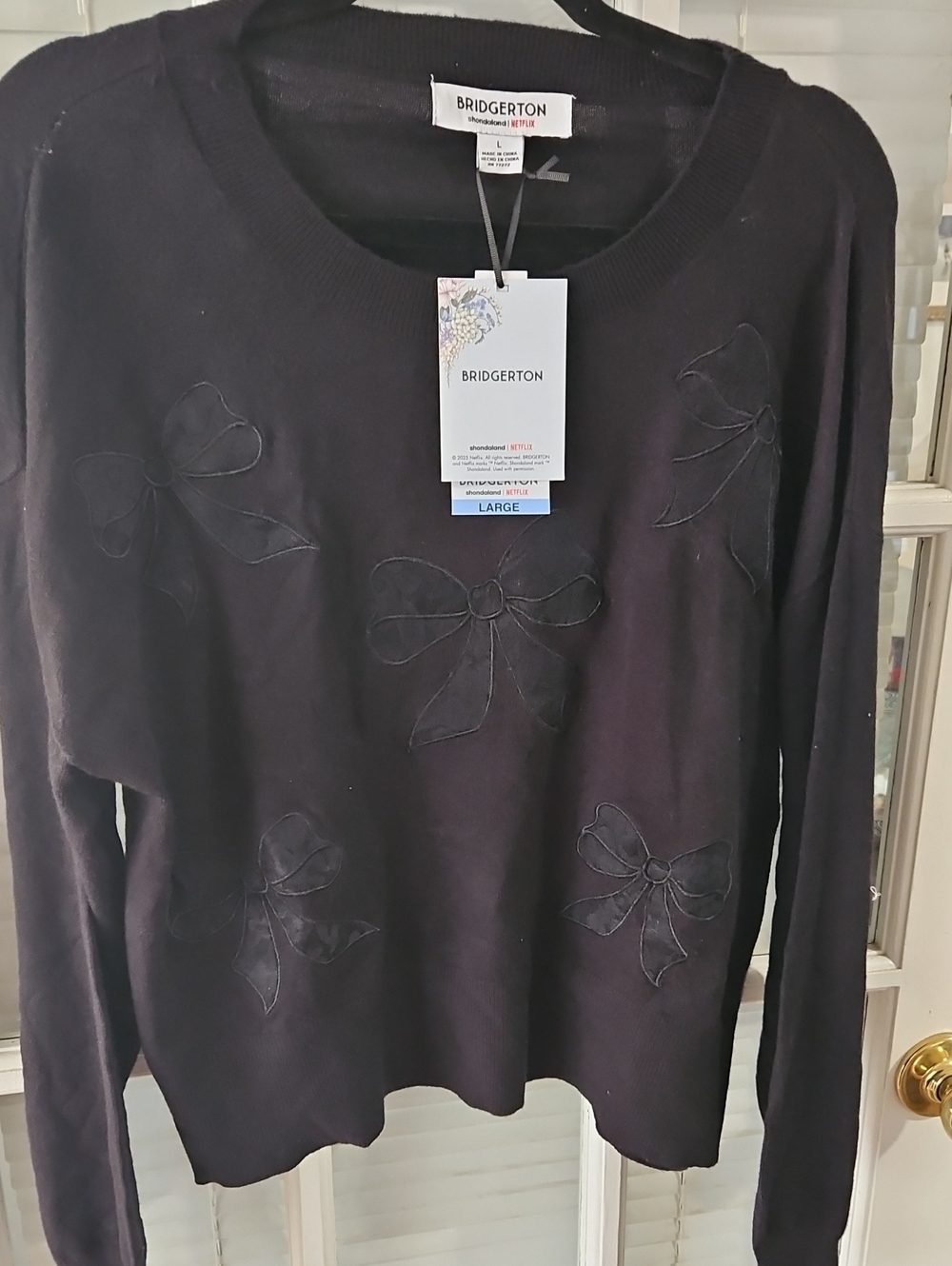 NWT Bridgerton Black Bow-Appliqué Women's Sweater. Sz L